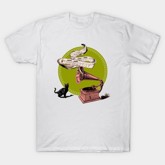 The Cat and the Song (Green Circle) T-Shirt by BessoChicca